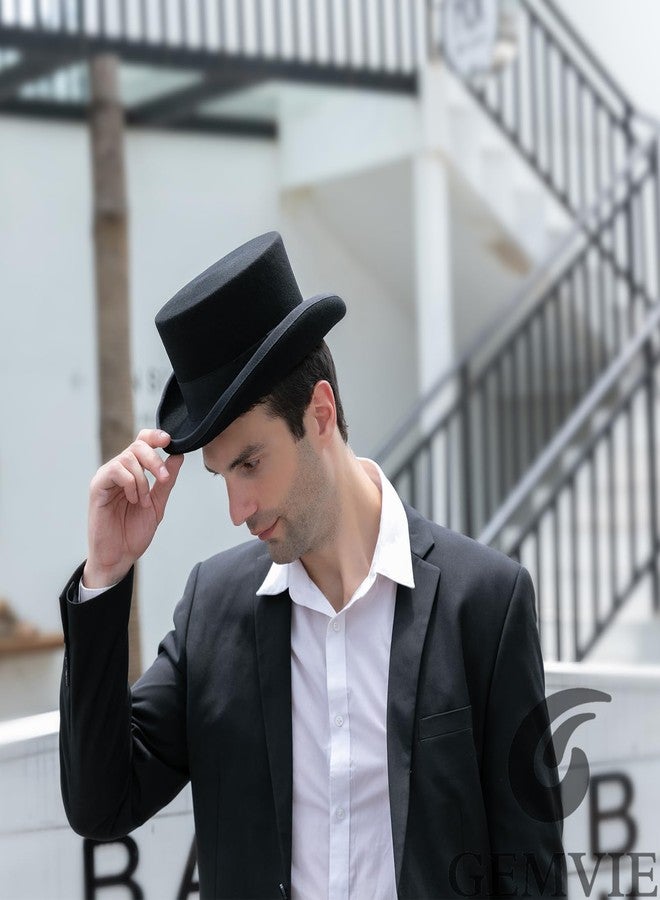 GEMVIE Men 100% Wool Top Hat Mad Hatter Satin Lined Black Low Top Hats for Party - Image 2